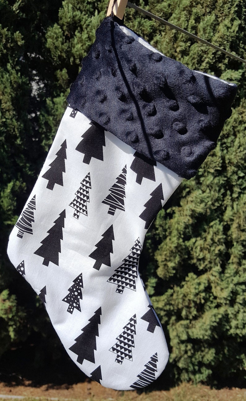 Christmas Stocking Christmas Trees with black minky Woodland Stocking, Lumberjack theme, Lined stocking with Minky cuff by Sew4MyLoves image 2