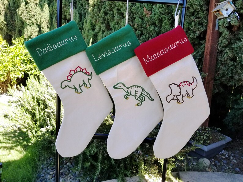 colorful Christmas mantel funny holiday decor kids stockings mamasaurus daddysaurus dinosaur stocking Personalized Christmas stocking