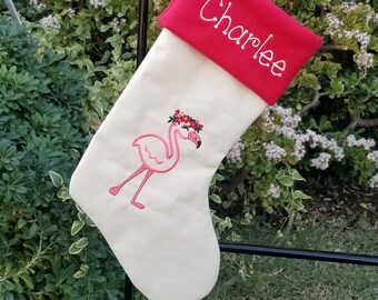 Personalized Flamingo Christmas stocking,  pink flamingo stocking, kids stockings, fun holiday decor for your colorful Christmas mantel