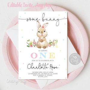 Bunny First Birthday Invite  | Some Bunny is turning One Birthday Invitation | Easter Girl Bday Invite | Editable  Instant Download A52