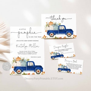 Pumpkin Fall Boy Baby Shower Invitation Set,  Editable Blue Truck Baby Shower Invitation Boy, A Little Pumpkin is on the way, Template