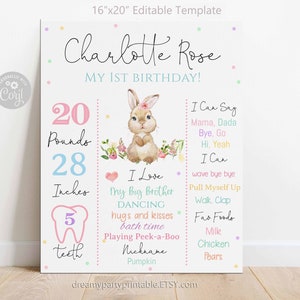 Bunny Milestone 1st Birthday Sign | Some Bunny Some Bunny is One Milestone | Bunny Girl Birthday Milestone Poster, Bunny Editable Template.