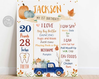 Tavoletta per le tappe fondamentali del primo compleanno del bambino a tema zucca, camioncino a forma di zucca per il primo compleanno del bambino, lavagna autunnale per il primo compleanno del bambino, stampabile per il primo compleanno del bambino in autunno.