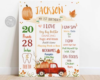 Tabellone delle tappe fondamentali per il primo compleanno del bambino a tema zucca e camioncino delle zucche, primo compleanno autunnale per bambino, primo compleanno autunnale per bambino modificabile, stampabile.