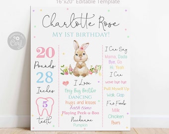 Bunny 1st Birthday Milestone Poster | Editable Girl Birthday Sign (Digital Template 16"x20")