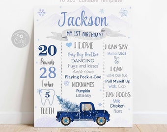 Op de afbeelding: Een blauw-witte verjaardagsmijlpaalposter met de naam "Jackson" bovenaan. De poster bevat de tekst "My 1st Birthday!" en geeft feiten weer zoals gewicht (9 kg), lengte (71 cm) en favoriete voedingsmiddelen.