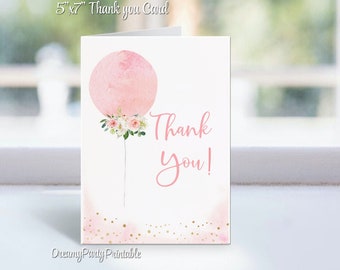 Girl Baby Shower Thank you Card, Pink  Floral Balloon Thank You Card, Balloon Thank You Card, Printable, Instant Download