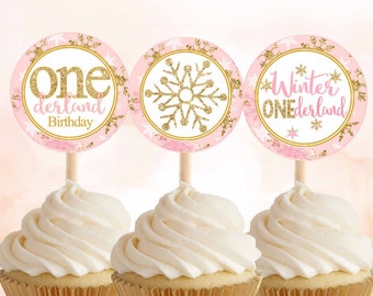 Winter ONEderland Cupcake Toppers, Pink and Gold cupcake toppers, 1st Birthday cupcake toppers, Winter onederland decorations, Digital File.