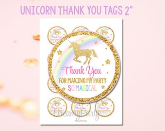 Unicorn Thank You Tags, Rainbow Unicorn tags, Unicorn Birthday Favor Tags, Unicorn Party, Unicorn party decorations, Digital File.