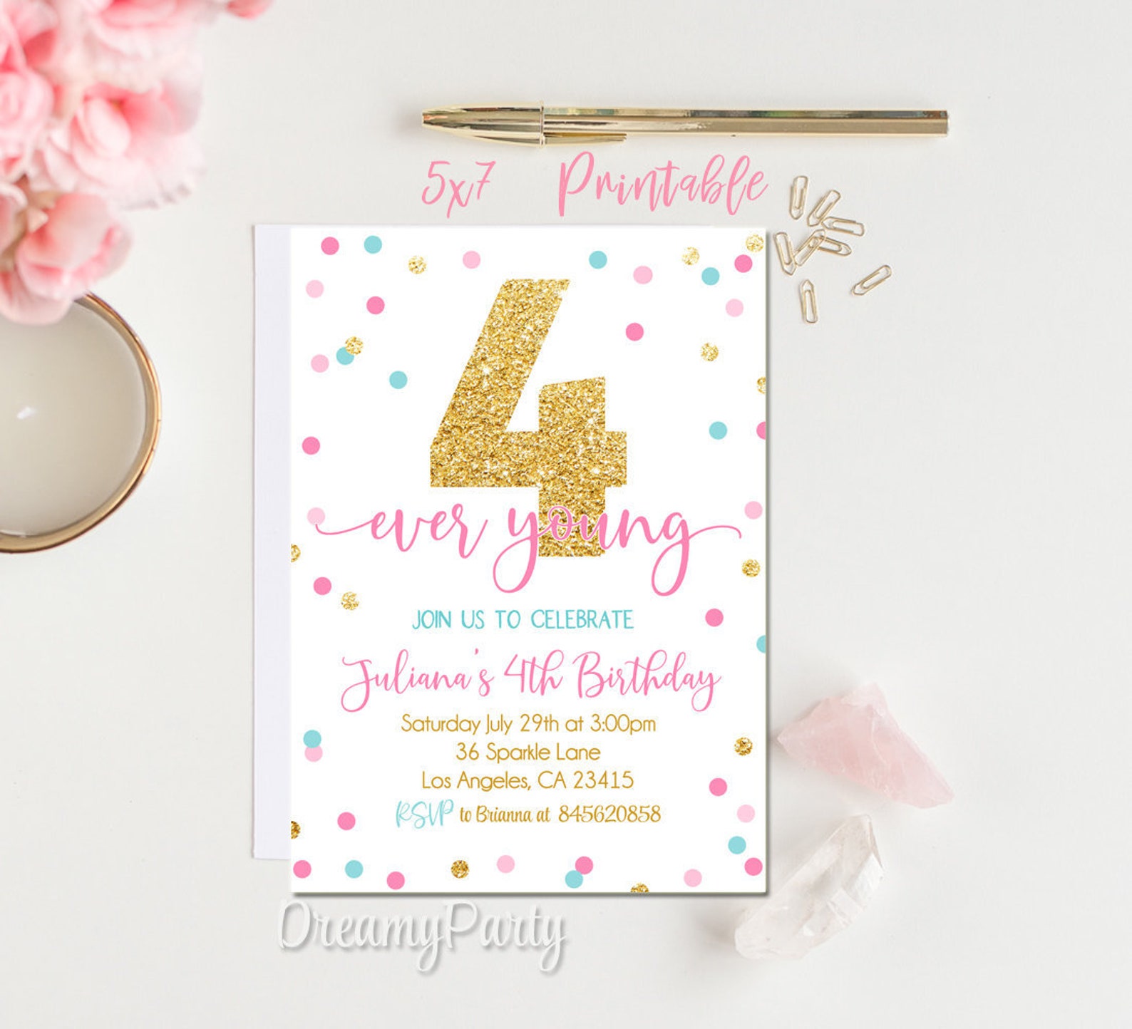 Fourth Birthday Invitation Four Ever Young Invitation 4th Etsy