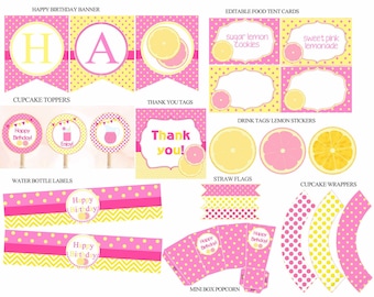 Pink Lemonade Party Package, Pink Lemonade party , Lemonade Birthday decorations, Yellow and Pink, Lemonade stand party, Digital File.