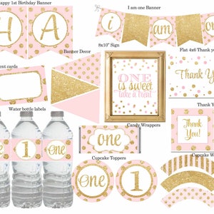 Pink and Gold First Birthday Party Package, Pink and gold 1st Birthday, First Birthday Party Decorations, Polka Dot,Printable ,Digital