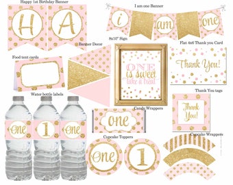 Pink and Gold First Birthday Party Package, Pink and gold 1st Birthday, First Birthday Party Decorations, Polka Dot,Printable ,Digital