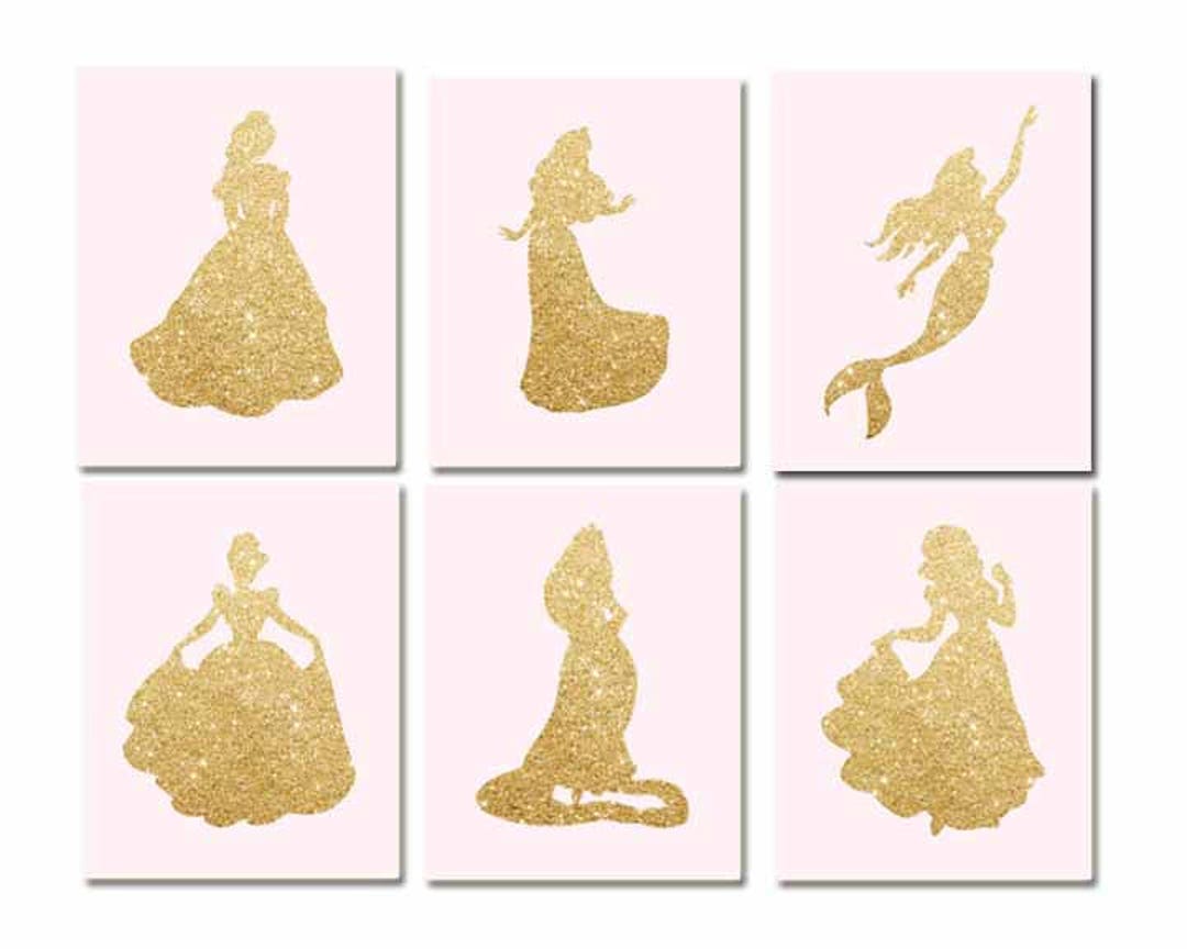 Princess Wall Art 8x10 Set of 6, Gold Glitter Princess Wall Art