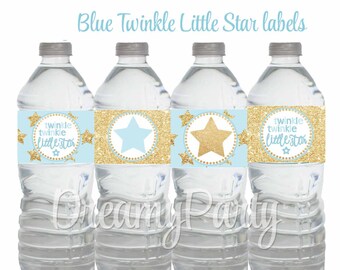 twinkle Twinkle Little Star Water Bottle Labels, Twinkle little star decor, Baby shower, Birthday, Blue and gold water bottle, Digital File.