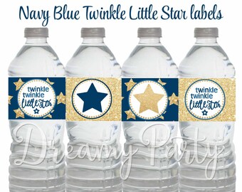 twinkle Twinkle Little Star Water Bottle Labels, Twinkle little star 1st Birthday Boy, Baby Shower Little star, Navy and Gold Digital File