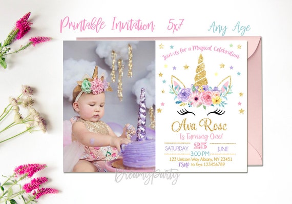 Unicorn Birthday Invitation Unicorn First Birthday Floral Etsy