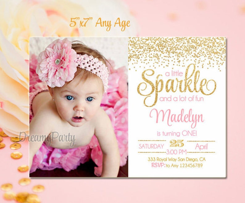 Pink And Gold First Birthday Invitation Sparkle Invitation Etsy