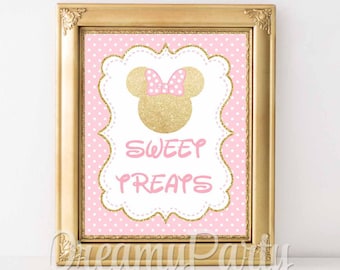 Minnie Mouse Sign, Minnie Mouse Pink and Gold party sign, Sweet Treats Minnie Mouse Birthday, Minnie Mouse 1st Birthday, Digital File.
