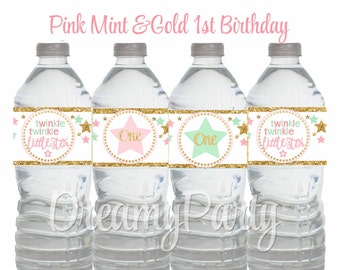 Twinkle twinkle little star water bottle labels, Pink Mint and Gold Water Bottle Labels, 1st Birthday Party Decorations, Dgital File.