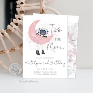 Two the Moon Invitation Girl, Two the Moon Birthday Invitation, Girl 2nd Birthday, Space Girl Invitation, Moon Invite, Editable Template