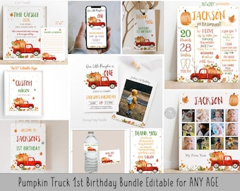 May include: A collection of printable birthday party decorations featuring a red pumpkin truck. Includes signs, invitations, thank you cards, and a time capsule. The theme is a pumpkin truck with fall leaves and pumpkins.