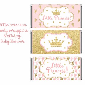 Princess  Candy Bar Wrapper, Little Princess Candy Bar Wrappers, Pink and gold candy wrappers, Baby shower princess, Birthday, digital File.