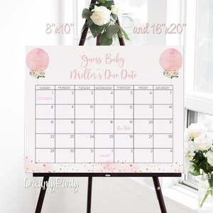 Calendrier de l'accouchement de Devinez avec ballon floral | Baby shower fille | Modèle modifiable pour baby shower fille ballon Téléchargement immédiat