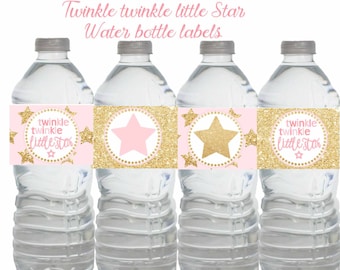 twinkle Twinkle Little Star Water Bottle Labels, Twinkle little Baby shower, 1st Birthday  pink and gold water bottle labels, Digital File.