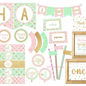 Pink Mint and gold Birthday Decorations, pink mint and gold party package, 1st Birthday Decorations, Digital File.