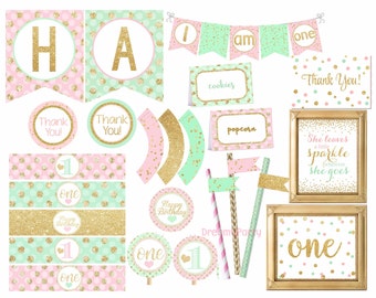 Pink Mint and gold Birthday Decorations, pink mint and gold party package, 1st Birthday Decorations, Digital File.