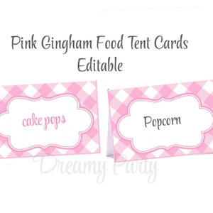 Pink Gingham Food Tent Cards: BBQ, Shower, Picnic (Digital File)
