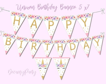 Unicorn Birthday Banner, Floral Unicorn Banner, Unicorn Party Decorations, 5"x7", Printable Banner, Magical Unicorn