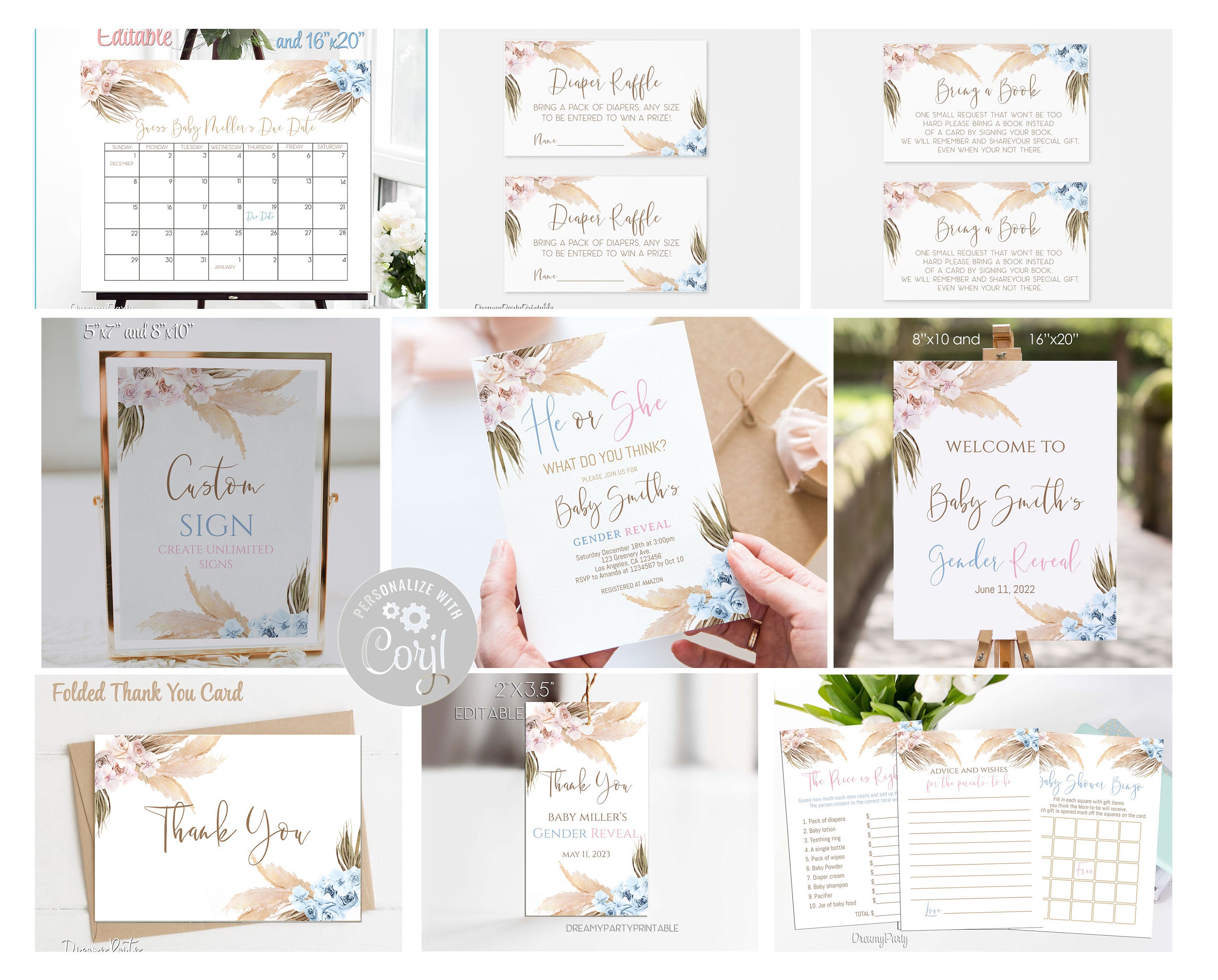 Gender Reveal Pampas Grass Baby Shower Invitation Set, Editable Boho Baby Shower, Twins Pampas Grass Baby Shower Bundle, Instant Download.