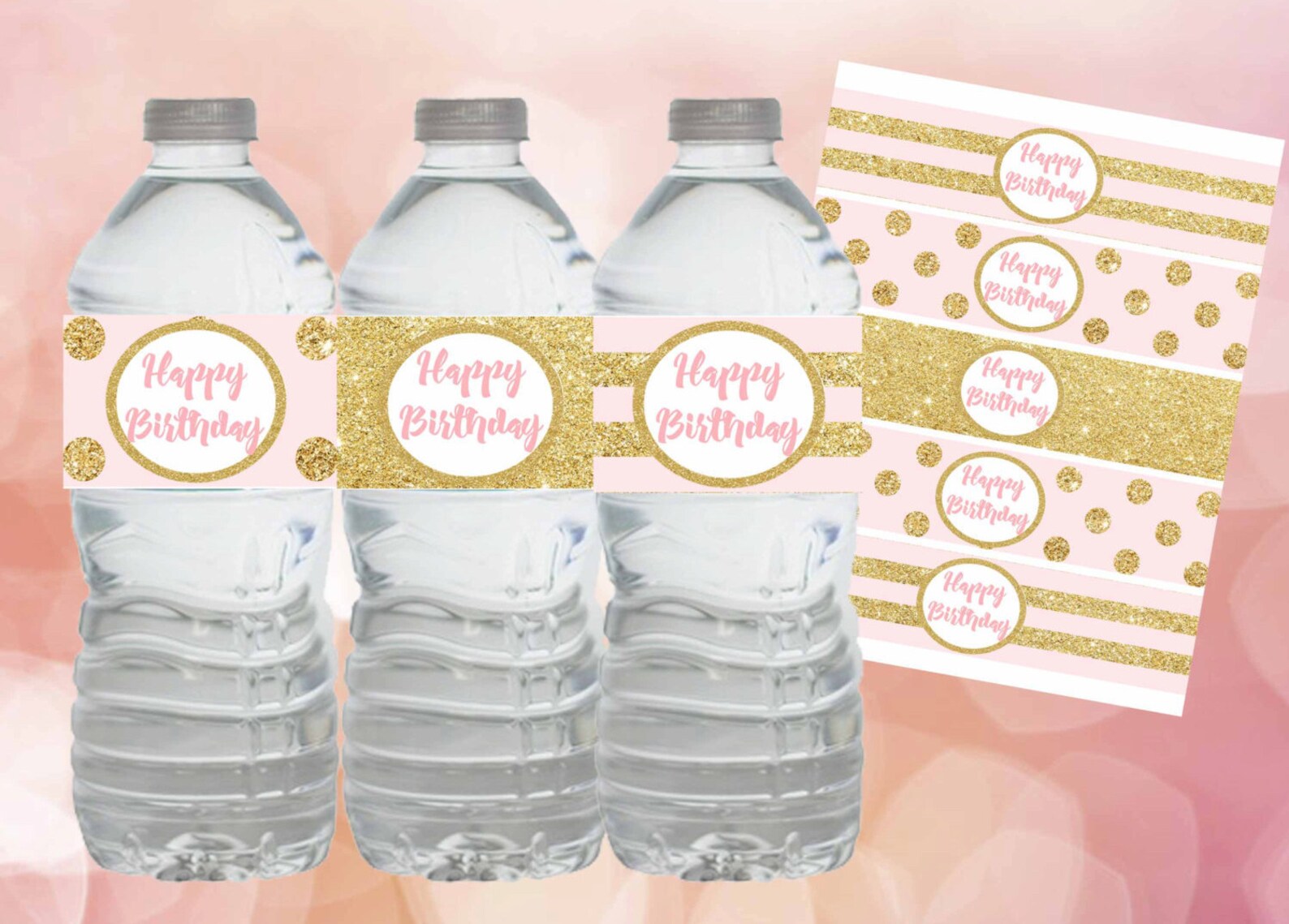 Pink and Gold Water Bottle Labels Pink and Gold Birthday Etsy