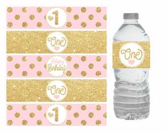 Pink and Gold First Birthday Water bottle labels, Pink and gold water bottle labels, Pink and gold  1st Birthday Girl, Digital file