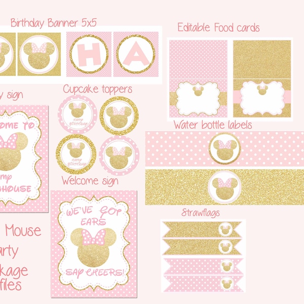 Minnie Mouse Pink and Gold party Package, Minnie Mouse Birthday, Minnie Mouse pink gold, Digital File.