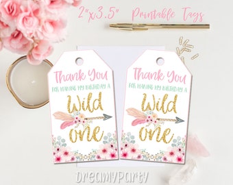 Wild One Thank You Tags, Wild One Favor Tags, Wild One Girl, 1st Birthday girl, Boho thank you tags, Pink Mint and Gold,Instant download