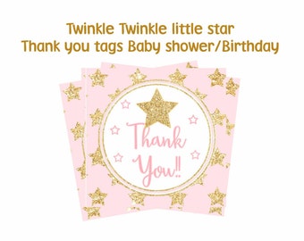 Pink and gold Twinkle Twinkle Little Star Thank you tags, Twinkle little star baby shower tags, Birthday tags, Digital file.