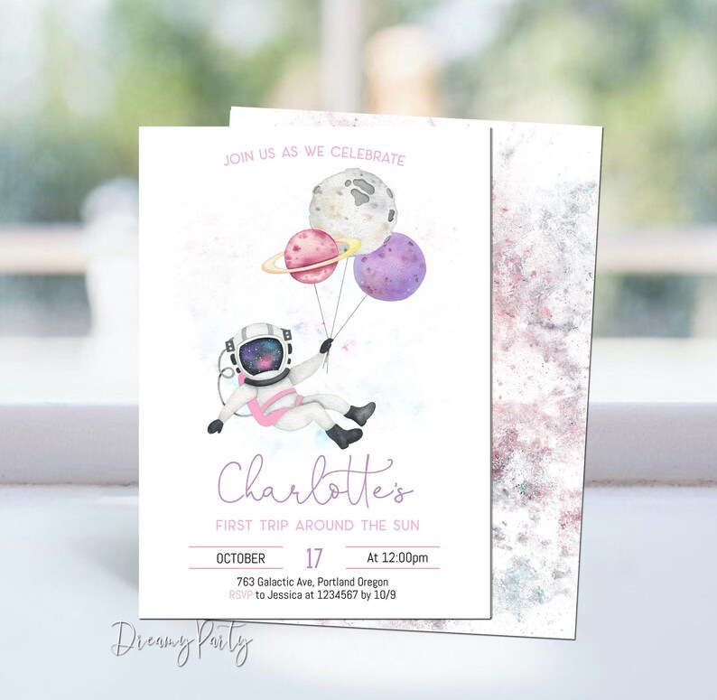 Space Birthday Invitation Space First Birthday Invitation Girl Out of this World Girl Invite First Trip Around the Sun