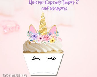 Unicorn Cupcake Toppers and Wrappers Set, Floral Unicorn Party Decorations, Unicorn Birthday/Baby Shower, Digital File.