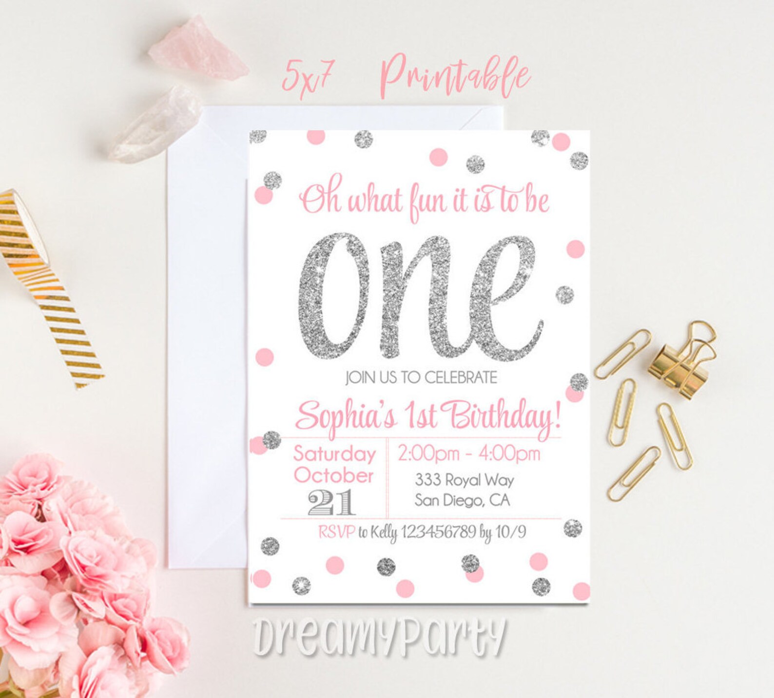 Pink and Silver First Birthday Invitation Pink and Silver Etsy