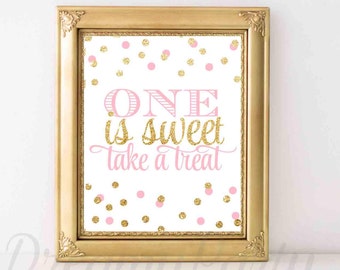 One is Sweet take a treat 1st Birthday favors sign8x10, Pink and Gold 1st Birthday Decorations, polka dots, printable favors sign, Digital.