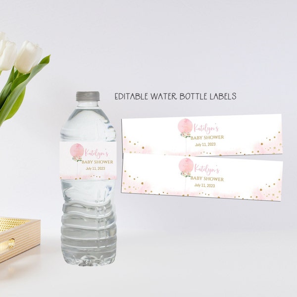 Floral Balloon Water Bottle Label, Pink Balloon 1st Birthday Water Labels, Girl Baby Shower Water Bottle label Editable Template