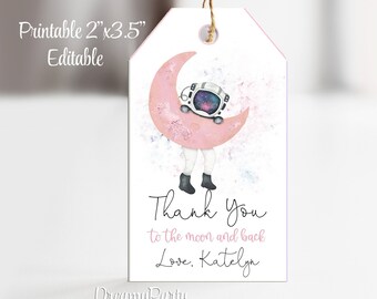 Two the Moon Thank You Favor Tags, Outer Space Favor Tags, Girl Two the Moon Thank You Tags, Moon 2nd Birthday Girl, Editable Template