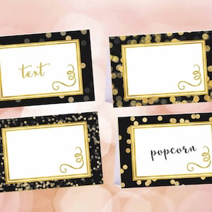 Tarjetas de carpa para comida en negro y dorado, tarjetas de lugar en negro y dorado, editables, papel de aluminio en negro y dorado, cumpleaños, despedida de soltera, boda, archivo digital.