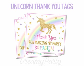 Unicorn Thank You Tags, Rainbow Unicorn tags, Unicorn Birthday Favor Tags, Unicorn Party, Unicorn party decorations, Digital File.