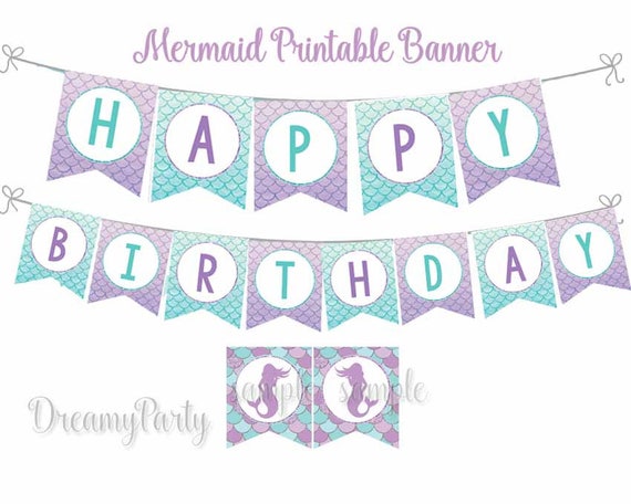 Mermaid Birthday Banner, Mermaid Party Decorations, Printable Banner, Happy  Birthday Banner, Purple and Teal,Under the Sea, Digital File.