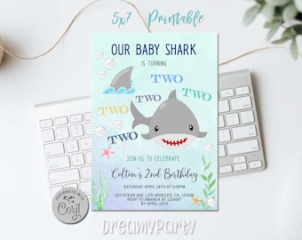 Baby Shark 2nd Birthday Invitation Under the Sea Party | Boy Shark Invitation  Editable