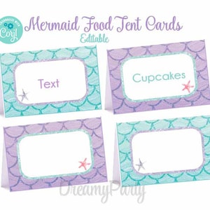 Mermaid Food Tent Cards, Mermaid Party Decorations, Mermaid Birthday/Shower, Editable Food labels, Aqua and Purple, Under the Sea, Digital.